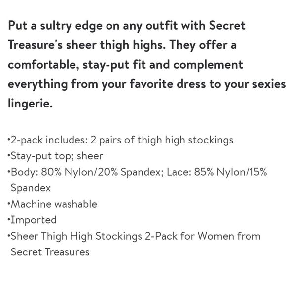Secret Treasures Women's Sheer Thigh Highs, 2 Pack Size Missy - Picture 5 of 5